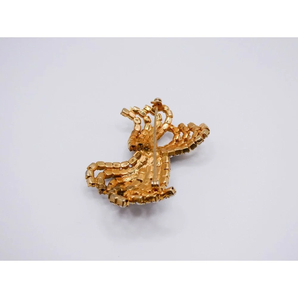 Vintage Milk Glass White Bow Gold Toned Brooch Large 2.6 Rhinestone Figural
